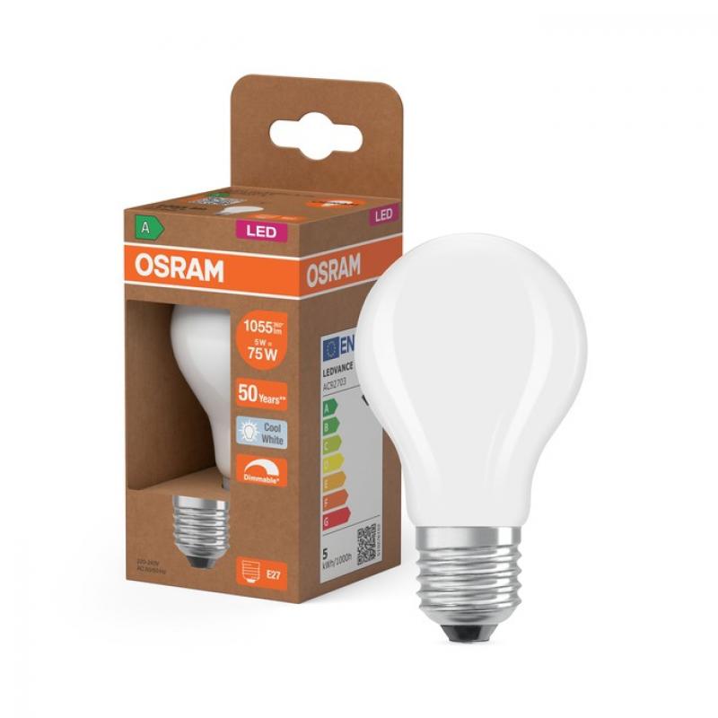 OSRAM LED Classic A 75 Filament DIM Energy Efficiency Class A 5W 840 E27 Matt 4000K 1055 lm 300° Kaltweiß