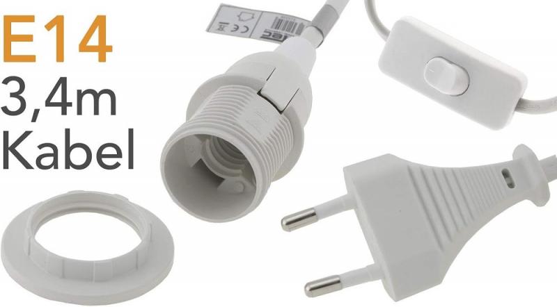 ChiliTec Netzkabel mit Schalter und E14 Fassung 1,4m + 2m lang, weiß