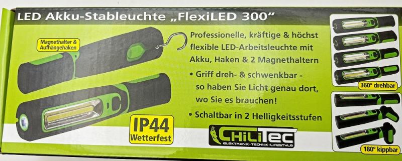 ChiliTec LED Stableuchte mit Akku "FlexiLED 300" Akku, Magnethalter, 3W,IP44