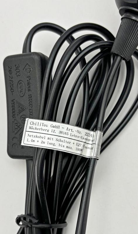 ChiliTec Netzkabel mit Schalter und E27 Fassung 1,4m + 2m lang, schwarz