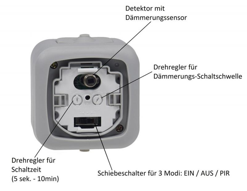 ChiliTec Feuchtraum PIR Bewegungsmelder, IP54 250V~, 2-500W, inkl. AP-Rahmen, grau