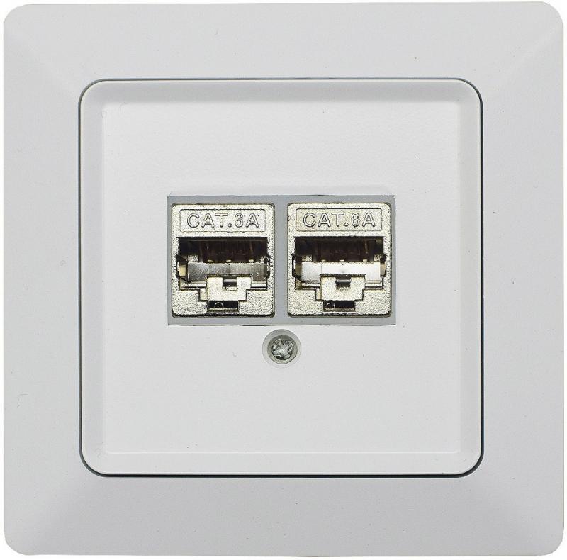 ChiliTec MILOS 22782 Netzwerk-Dose 2x CAT6, Mattweiß, Unterputz, inkl. Rahmen, bis 300 MHz