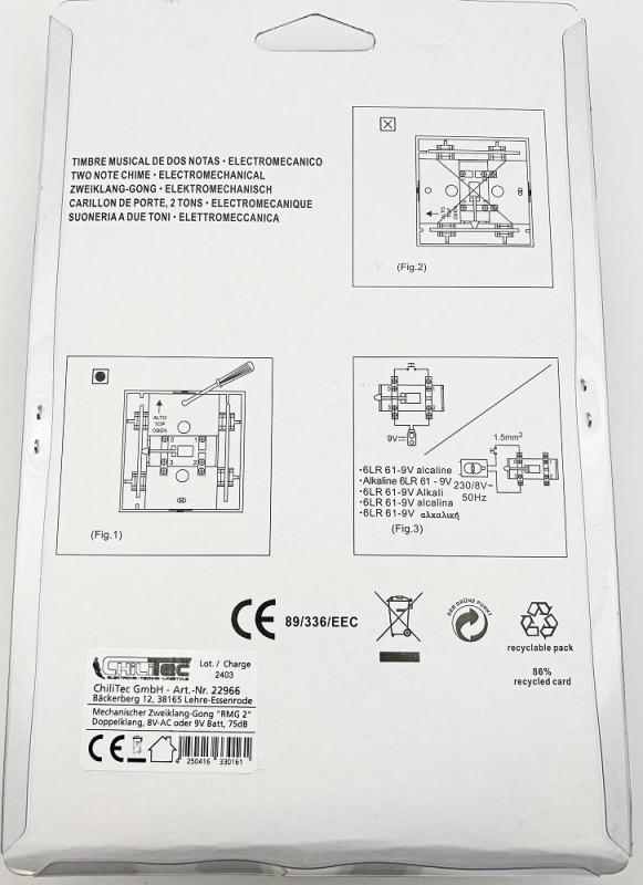 ChiliTec  Mechanischer Zweiklang-Gong "RMG 2" Doppelklang, 8V AC, 75dB, 116x116x48mm