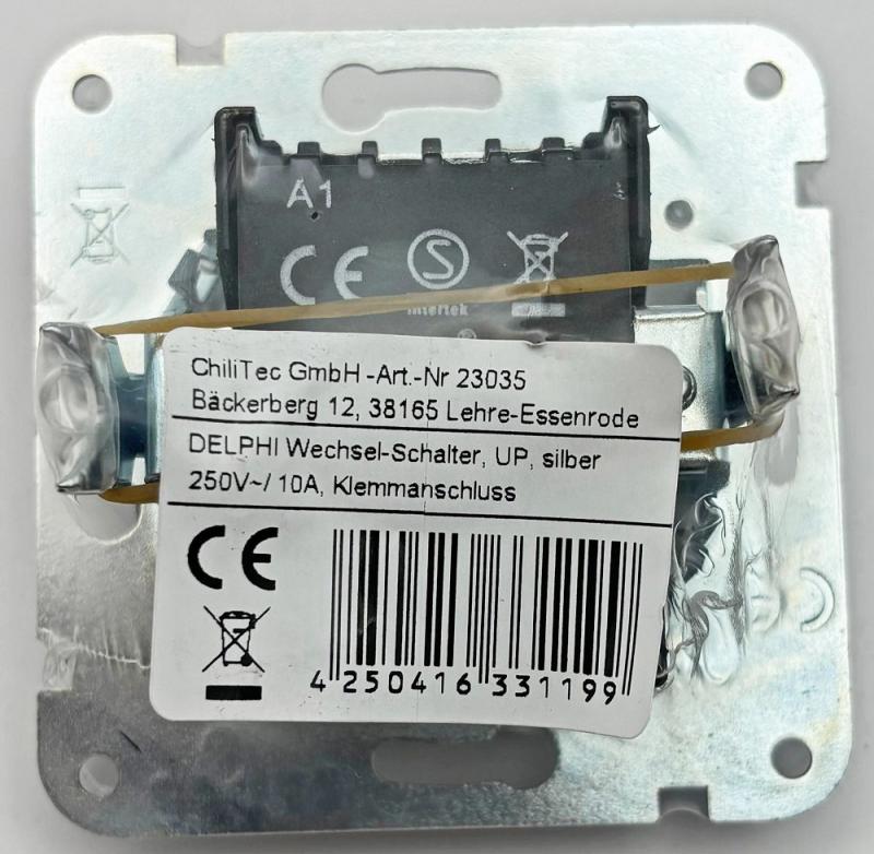 ChiliTec DELPHI 23035 Wechselschalter, 250 V/10 A, Silber, Unterputz, inkl. Rahmen