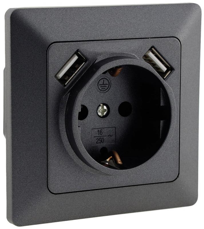 ChiliTec MILOS Schutzkontakt-Steckdose 2× USB-A Anthrazit 250 V 16 A – 23050