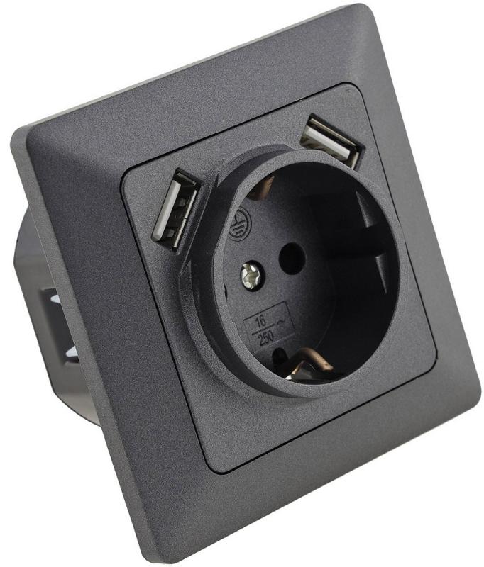 ChiliTec MILOS Schutzkontakt-Steckdose 2× USB-A Anthrazit 250 V 16 A – 23050