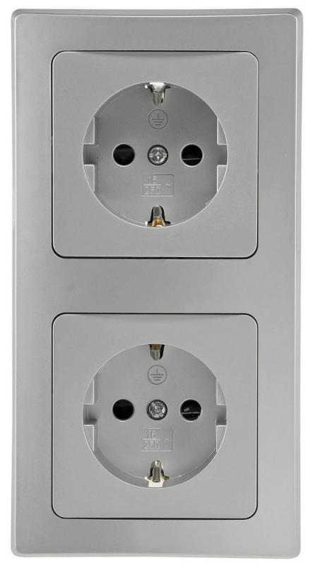 ChiliTec DELPHI 23065 Set 2x Schutzkontakt-Steckdose + 2-fach Rahmen, Silber, 250 V/16 A, Steckanschluss