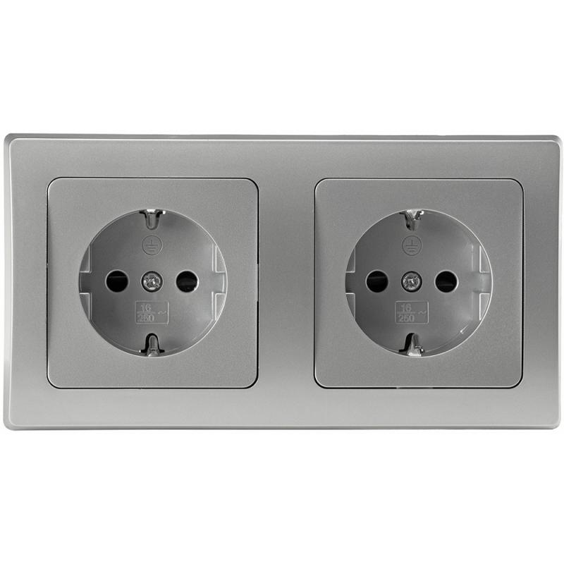 ChiliTec DELPHI 23065 Set 2x Schutzkontakt-Steckdose + 2-fach Rahmen, Silber, 250 V/16 A, Steckanschluss