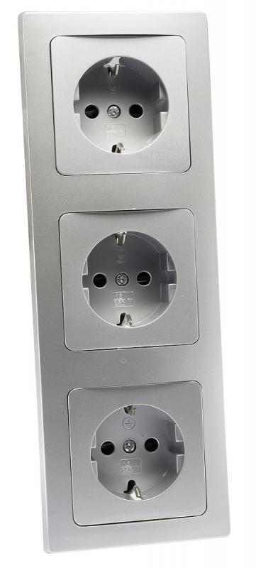 ChiliTec DELPHI 23064 Set 3x Schutzkontakt-Steckdose + 3-fach Rahmen, Silber, 250 V/16 A, Steckanschluss