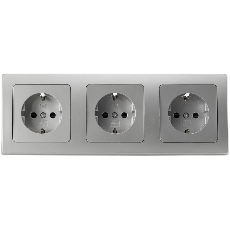 ChiliTec DELPHI 23064 Set 3x Schutzkontakt-Steckdose + 3-fach Rahmen, Silber, 250 V/16 A, Steckanschluss