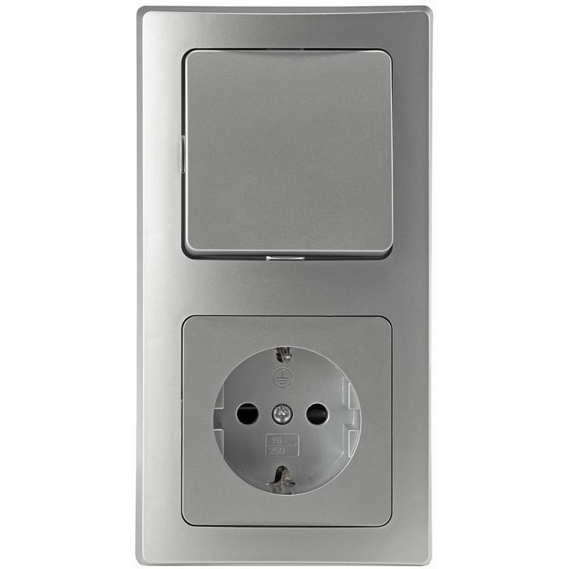ChiliTec DELPHI 23066 Set Schutzkontakt-Steckdose + Wechselschalter + 2-fach Rahmen, Silber, 250 V/16 A, Steckanschluss