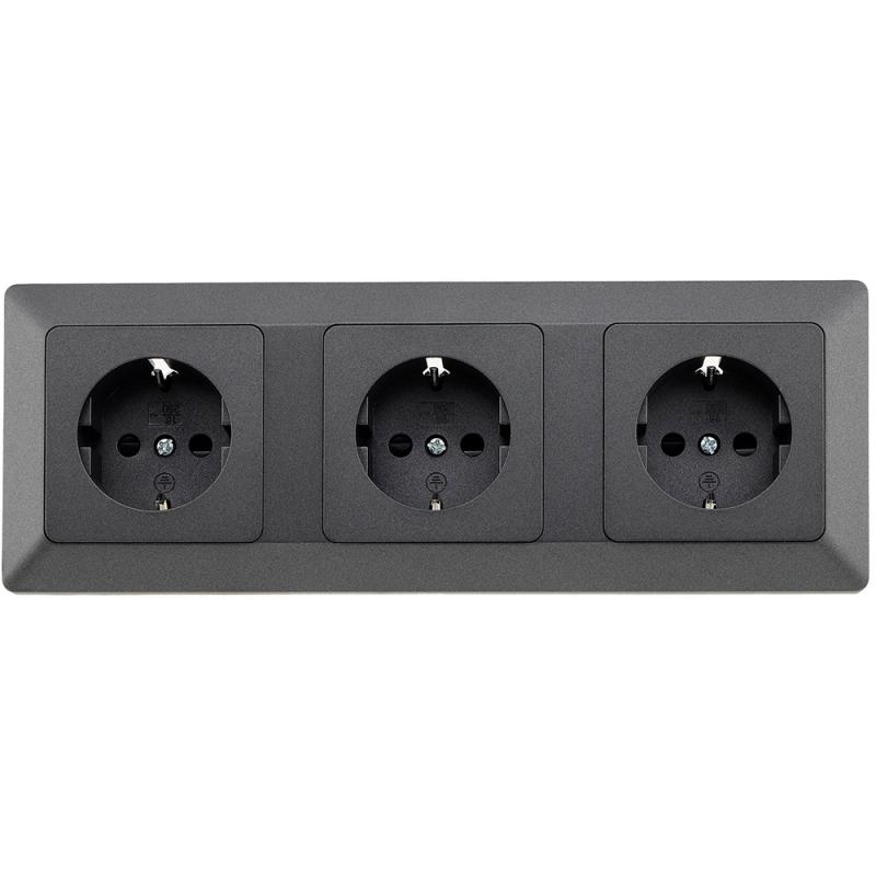 ChiliTec MILOS Set 3 Schutzkontakt-Steckdosen Anthrazit 250 V 16 A mit 3-fach Rahmen – 23122
