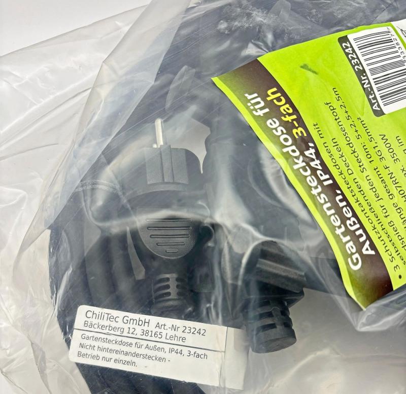 ChiliTec Gartensteckdose für Außen, IP44, 3-fach Einzelsteckdosen, 5+2,5+2,5m