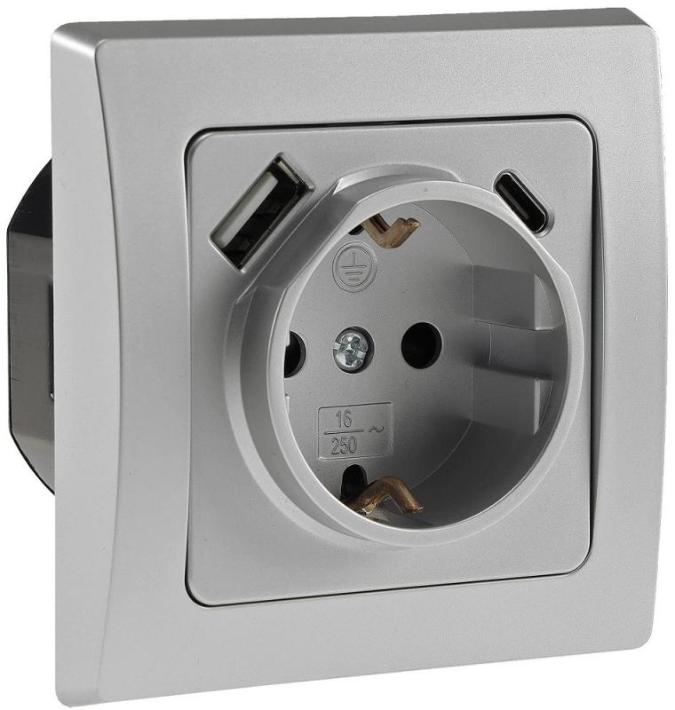 ChiliTec DELPHI 23341 Schutzkontakt-Steckdose mit USB-A + USB-C PD, 250 V, 16 A, Silber, Unterputz