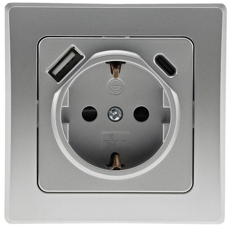 ChiliTec DELPHI 23341 Schutzkontakt-Steckdose mit USB-A + USB-C PD, 250 V, 16 A, Silber, Unterputz