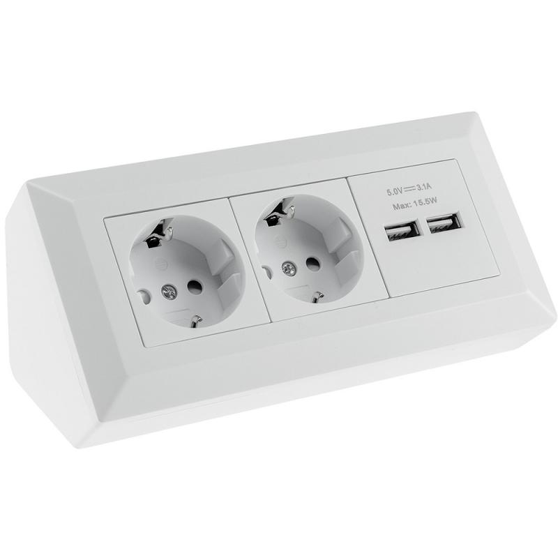 ChiliTec 2-fach Steckdosenblock + 2x USB, weiß ma 250V~/ 16A, Aufbaumontage, USB 3,1A