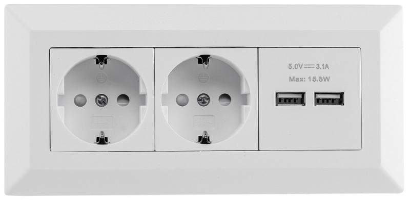 ChiliTec 2-fach Steckdosenblock + 2x USB, weiß ma 250V~/ 16A, Aufbaumontage, USB 3,1A