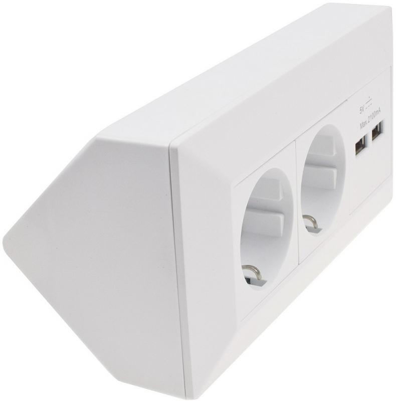 ChiliTec 2-fach Steckdosenblock + 2x USB, weiß ma 250V~/ 16A, Aufbaumontage, USB 3,1A