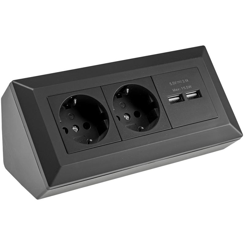 ChiliTec 2-fach Steckdosenblock + 2x USB, schwarz 250V~/ 16A, Aufbaumontage, USB 3,1A