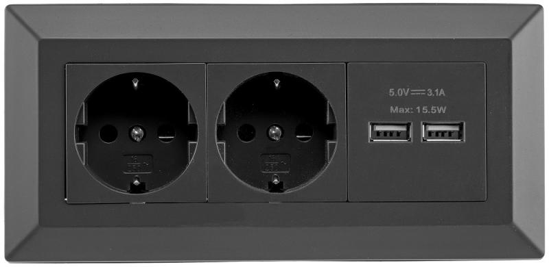 ChiliTec 2-fach Steckdosenblock + 2x USB, schwarz 250V~/ 16A, Aufbaumontage, USB 3,1A