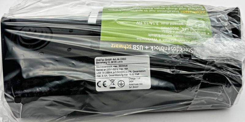 ChiliTec 2-fach Steckdosenblock + 2x USB, schwarz 250V~/ 16A, Aufbaumontage, USB 3,1A