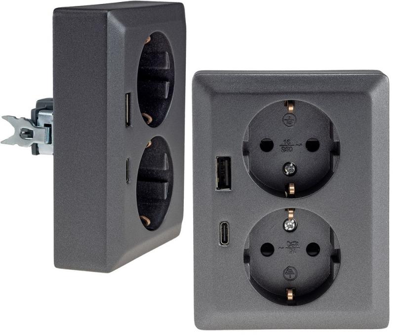 ChiliTec MILOS Schutzkontakt-Steckdose 2-fach USB-A + USB-C/PD Anthrazit 250 V 16 A – 23720