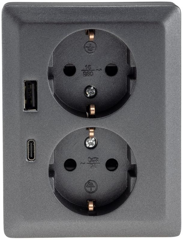 ChiliTec MILOS Schutzkontakt-Steckdose 2-fach USB-A + USB-C/PD Anthrazit 250 V 16 A – 23720