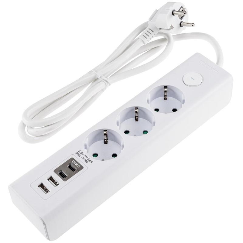 ChiliTec Steckdosenleiste mit Ladebuchsen für USB USB-A /USB-C,3-fach, weiß, 1,5m Kabel