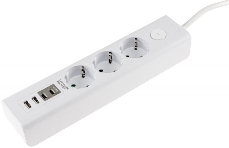 ChiliTec Steckdosenleiste mit Ladebuchsen für USB USB-A /USB-C,3-fach, weiß, 1,5m Kabel