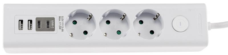 ChiliTec Steckdosenleiste mit Ladebuchsen für USB USB-A /USB-C,3-fach, weiß, 1,5m Kabel