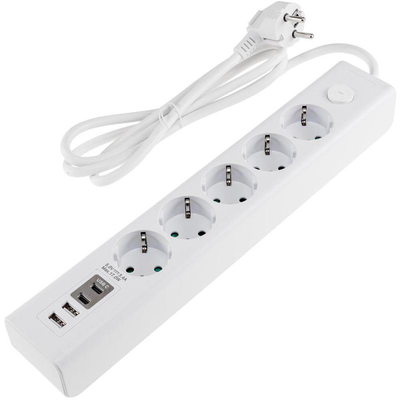 ChiliTec Steckdosenleiste mit Ladebuchsen für USB USB-A /USB-C,5-fach, weiß, 1,5m Kabel