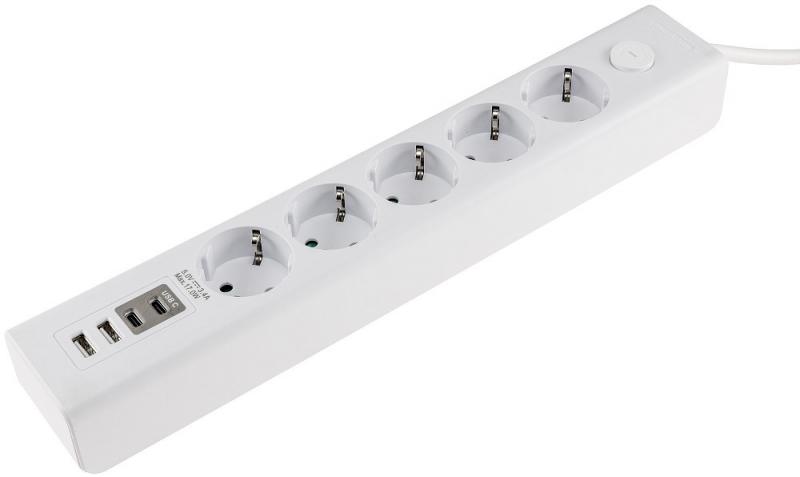 ChiliTec Steckdosenleiste mit Ladebuchsen für USB USB-A /USB-C,5-fach, weiß, 1,5m Kabel