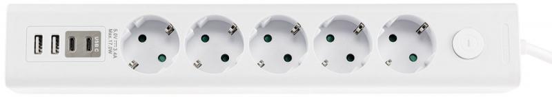 ChiliTec Steckdosenleiste mit Ladebuchsen für USB USB-A /USB-C,5-fach, weiß, 1,5m Kabel