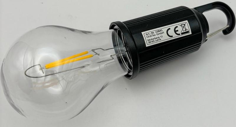 ChiliTec LED Glühlampe mit Akku "CT-KL3", dimmbar mit Haken / Karabiner, 3000k / Warmweiß