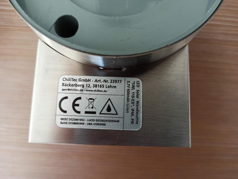 ChiliTec LED Solar Wandleuchte "SWL 119-ES" PIR Bewegungsmelder, IP44, Edelstahl