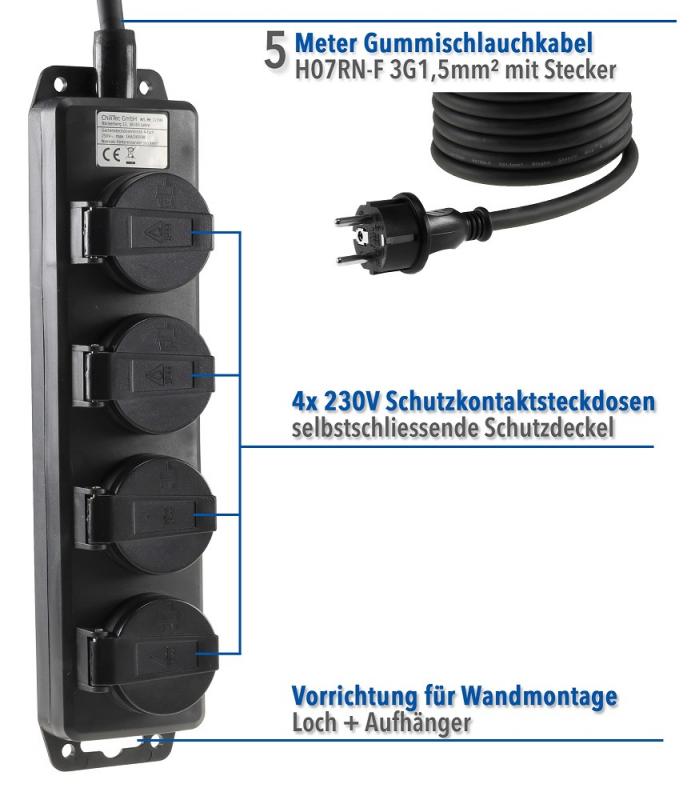 ChiliTec  Gartensteckdosenleiste 4-fach IP44 Außenbereich 5m H07RN-F 3G1,5mm² – 16A 3600W