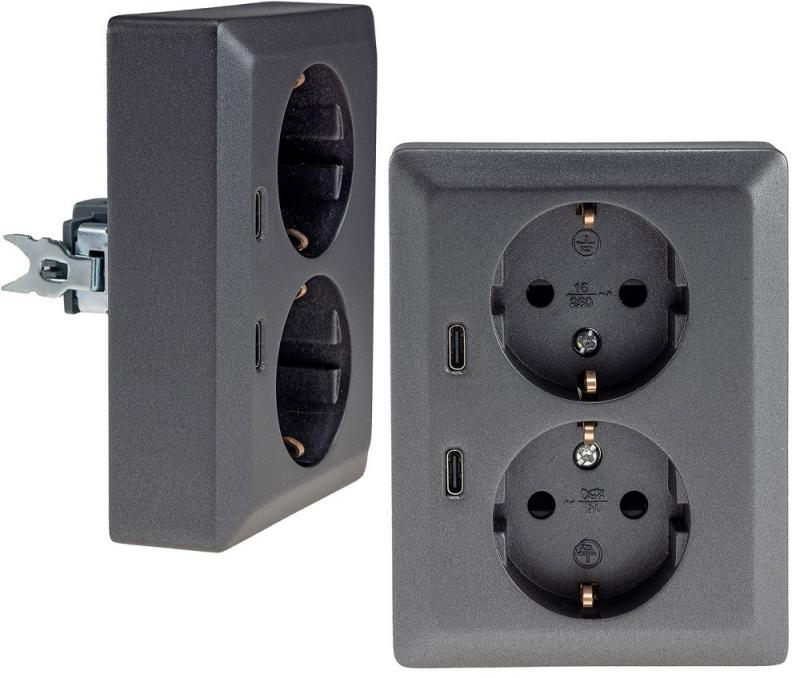 ChiliTec MILOS CT24014 2-fach Schutzkontakt-Steckdose mit 2x USB-C PD, Anthrazit, 16 A, 250 V
