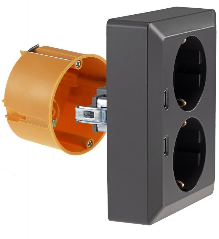 ChiliTec MILOS CT24014 2-fach Schutzkontakt-Steckdose mit 2x USB-C PD, Anthrazit, 16 A, 250 V