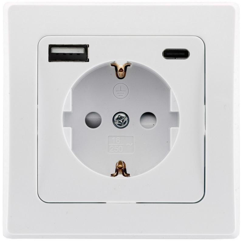 ChiliTec DELPHI USB-Steckdose 1-fach mit 1x USB-A + 1x USB-C, 250 V, 16 A, Reinweiß, Unterputz