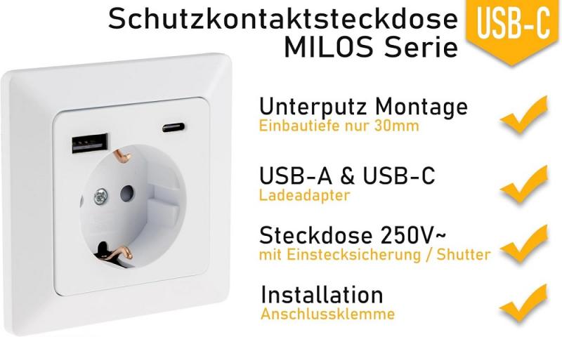 ChiliTec MILOS Schutzkontakt-Steckdose USB-A/C PD 3.0 16 A Unterputz matt Weiß