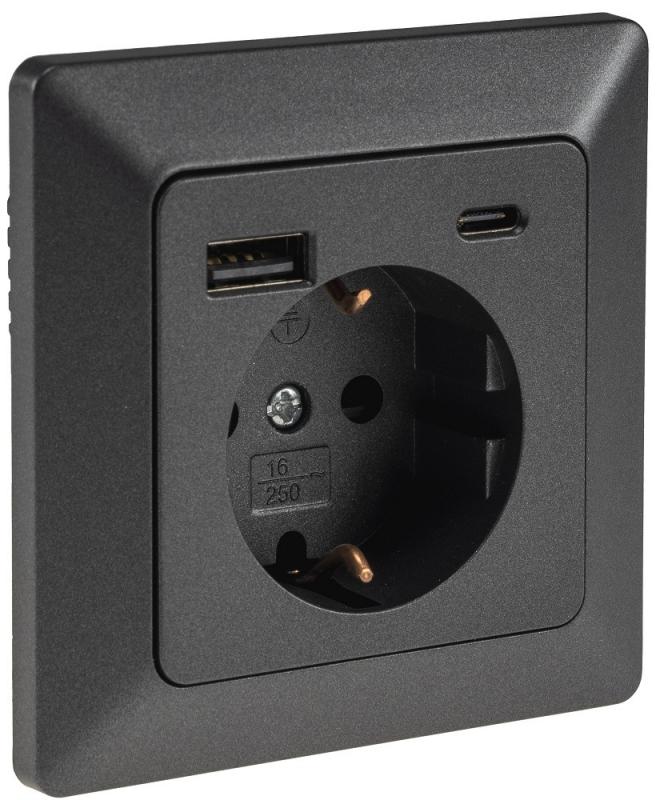 ChiliTec MILOS Schutzkontakt-Steckdose USB-A + USB-C/PD 3.0 Anthrazit 250 V 16 A – 24036