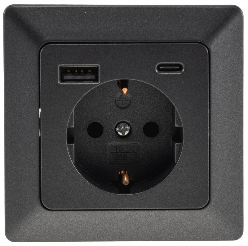 ChiliTec MILOS Schutzkontakt-Steckdose USB-A + USB-C/PD 3.0 Anthrazit 250 V 16 A – 24036