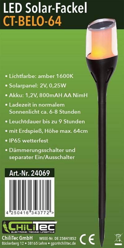 ChiliTec Solar LED-Fackel CT-BELO 64 IP65, mit Erdspieß max. 64,5cm