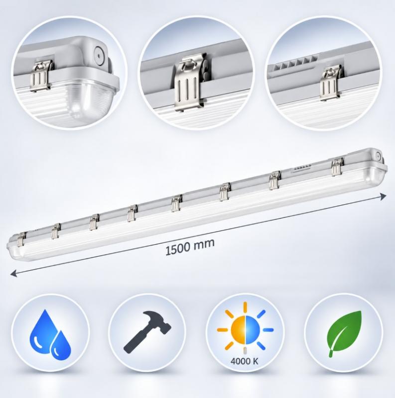 150cm LEDVANCE Feuchtraumleuchte 2-flammig IP65 mit 2x LEDVANCE LED TUBE T8 18,3W wie 58W 2200lm je Röhre 4400lm 4000K Neutralweiß