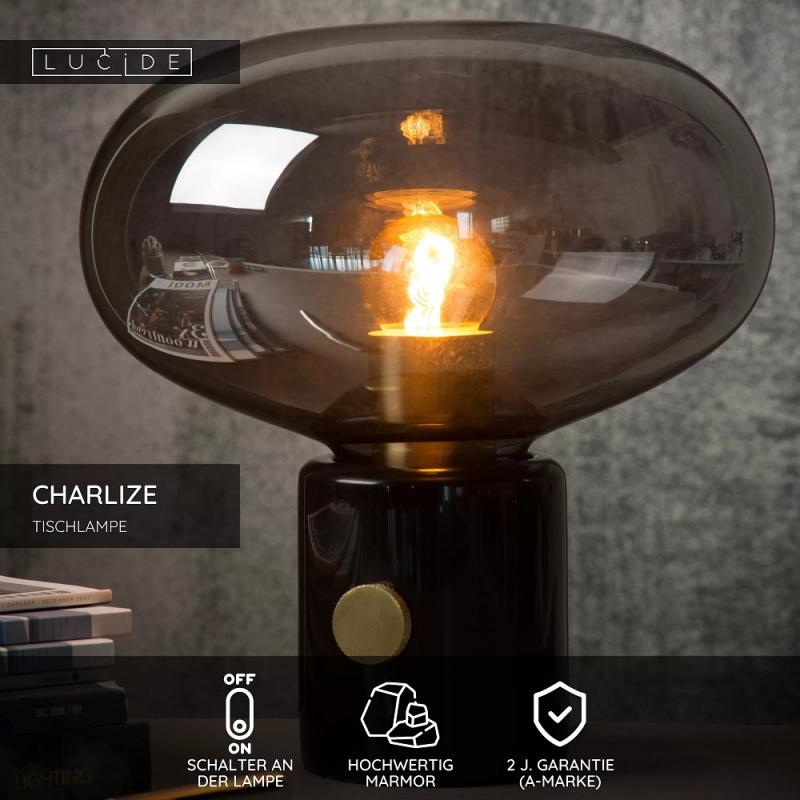 Lucide CHARLIZE Tischlampe Ø23 cm E27 Schwarz Marmor Rauchglas