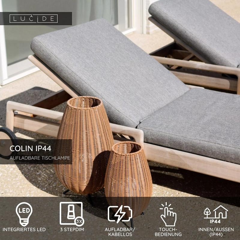 Lucide COLIN IP44 – wiederaufladbare LED Tischlampe Innen & Außen in Natur