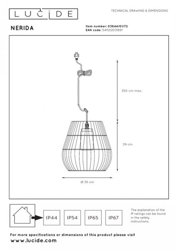 Lucide NERIDA Pendelleuchte Rattan IP44 Outdoor Ø35 cm