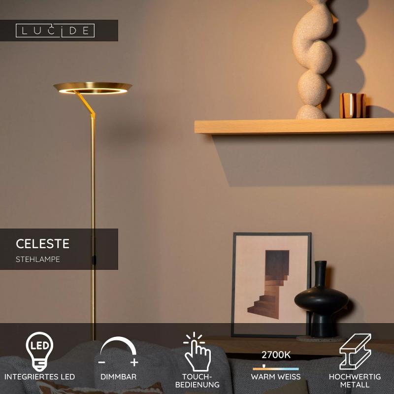 Lucide CELESTE LED Stehlampe Ø28 cm 21W 2700K Touch dimmbar Messing