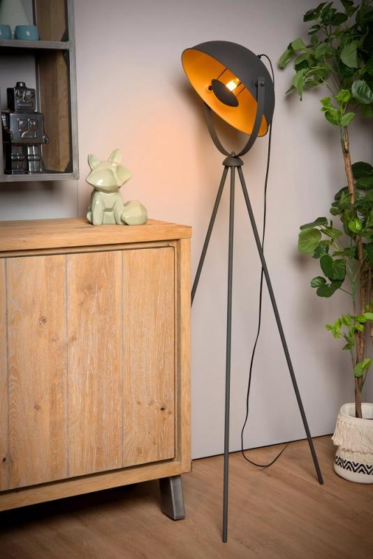 Lucide Stehlampe ALVARO – Vintage Stehleuchte mit Dreibein & Gold-Innenfarbe