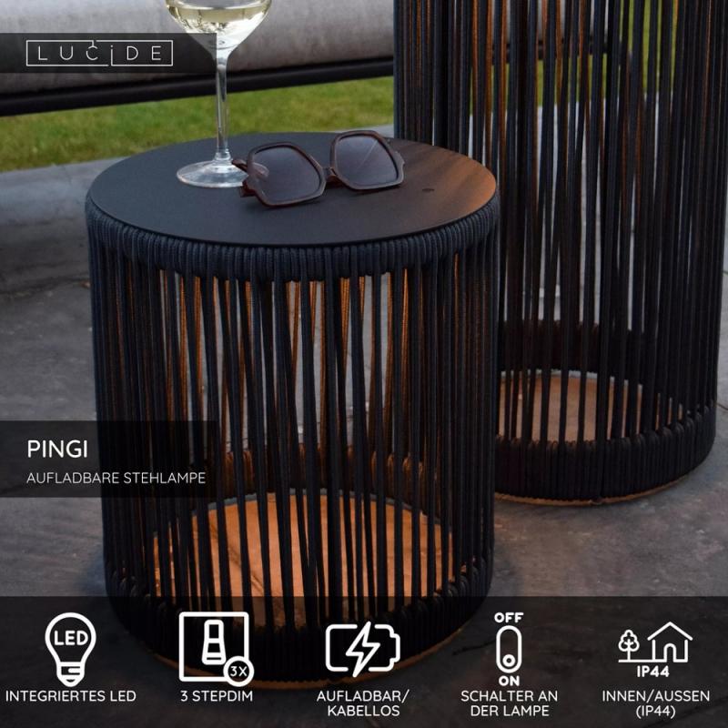Lucide PINGI Akku-Stehlampe LED Outdoor IP44 Schwarz 3-Stufen-Dim